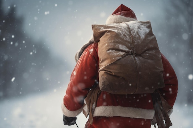 A man in a red santa claus outfit carries a sled in the snow.