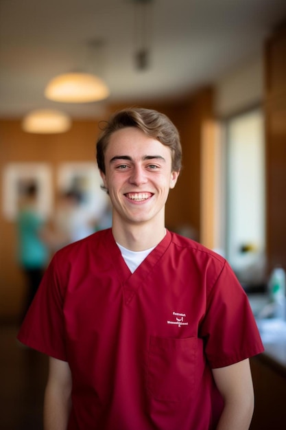 a man in a red scrub suit smiling for a picture