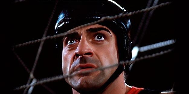 Photo a man in a red shirt and a black helmet is looking up at the camera