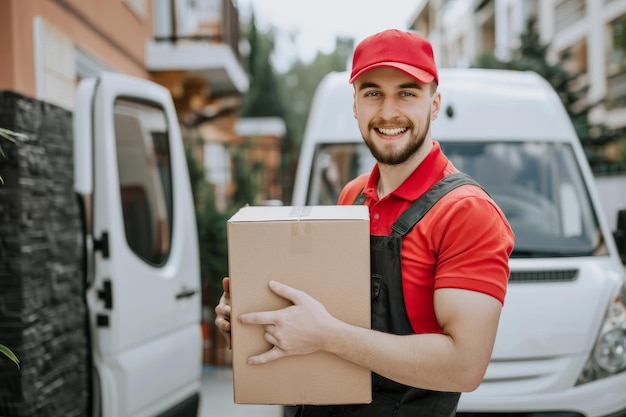 Man in Red Shirt Holding Box