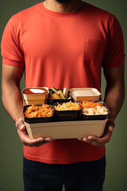 a man in a red shirt holding a tray of food