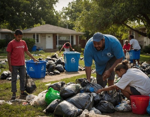 a man in a red shirt is helping a child to get their trash