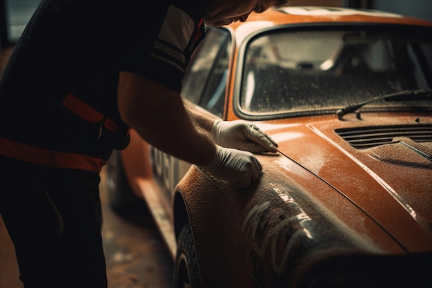 A man in a red shirt is painting a car with a paintbrush on the hood.