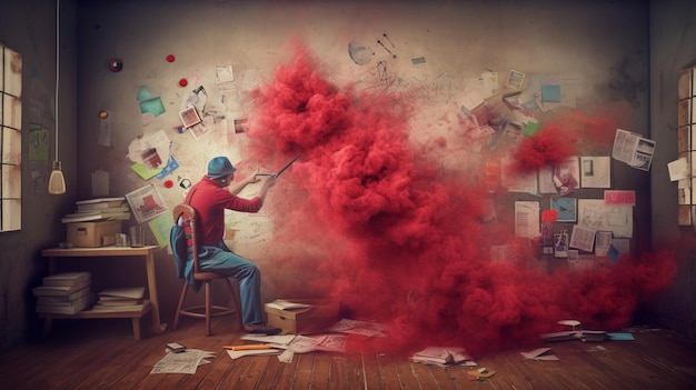 A man in a red shirt is painting a red smoke bomb.