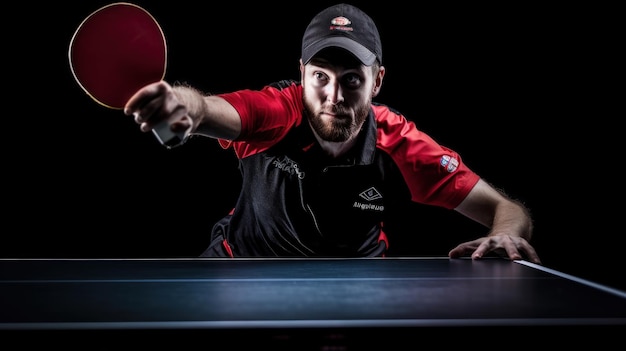 a man in a red shirt is playing ping pong