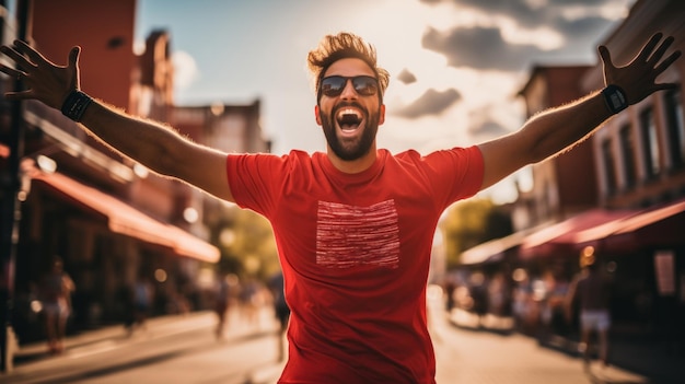 A man in a red shirt is standing on a street generative ai image