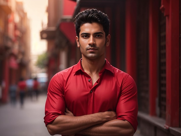 a man in a red shirt is standing with his arms crossed