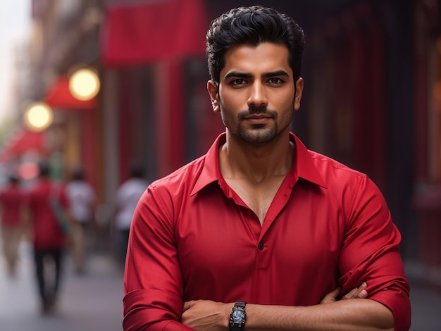 Photo a man in a red shirt is standing with his arms crossed