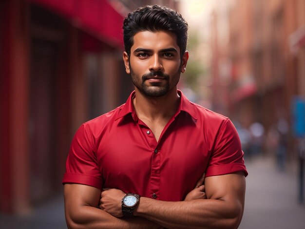 a man in a red shirt is standing with his arms crossed