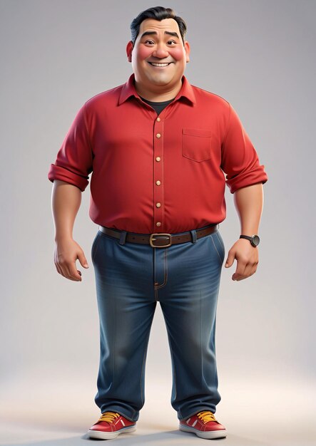 a man in a red shirt and jeans