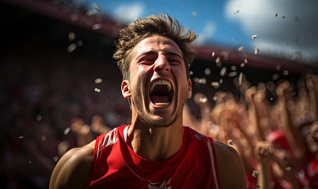 Man in Red Shirt Screaming in Front of Crowd