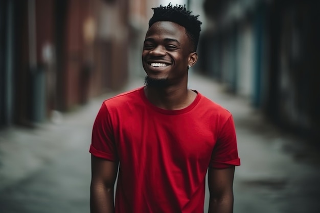 A man in a red shirt smiles in an alley.