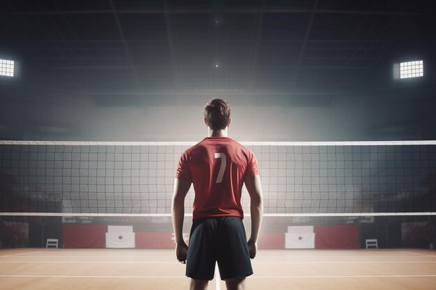 A man in a red shirt stands in front of a net with the number 7 on it.