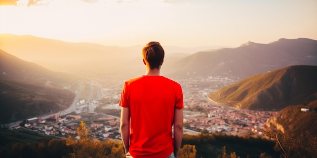 A man in a red shirt stands on a hill looking at a city.