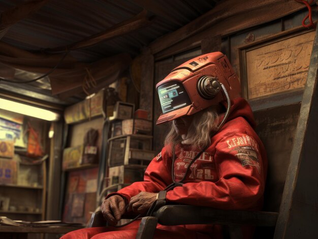 Man in Red Space Suit Sitting on Chair