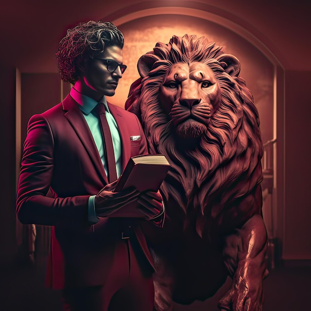A man in a red suit is reading a book next to a lion.