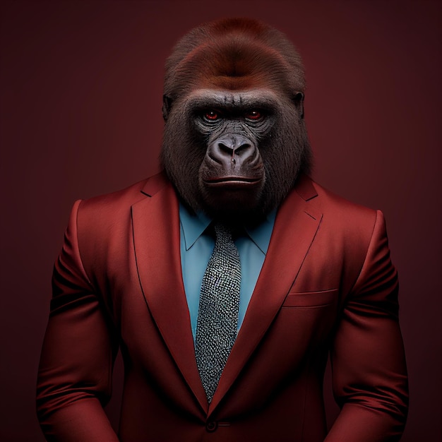 A man in a red suit and a red shirt with a gorilla head.