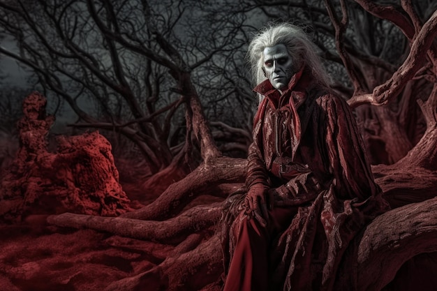 A man in a red suit sits on a tree trunk with the words'vampire'on the cover.