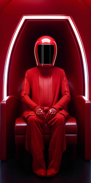 Man in red suit sitting in a red chair