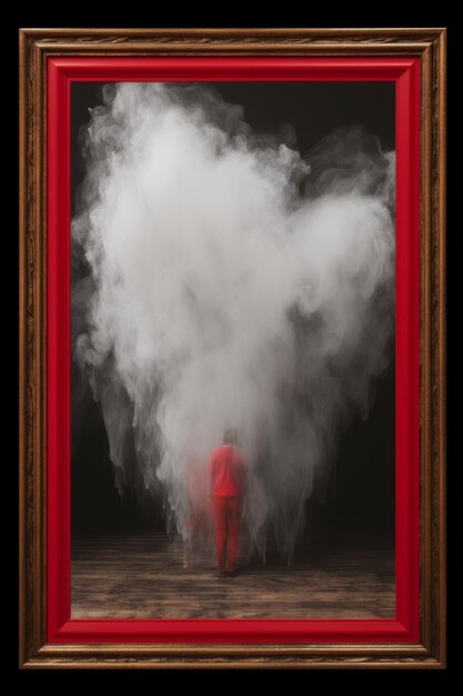 A man in a red suit standing in front of a cloud of smoke