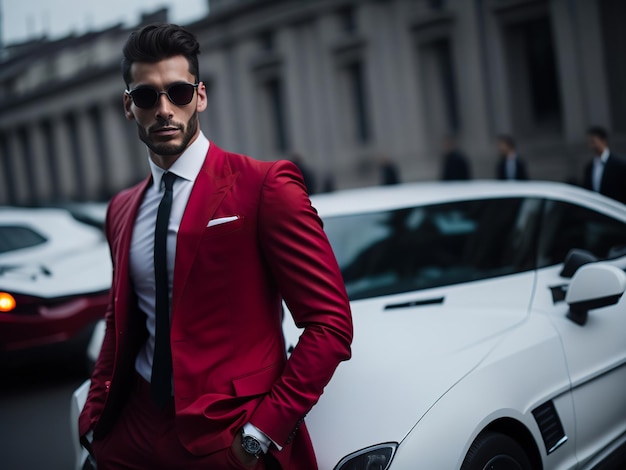 A man in a red suit stands in front of a white car.