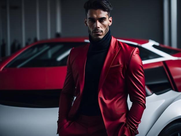 A man in a red suit stands in front of a white sports car.