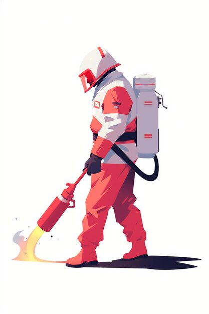 A man in a red suit with a fire extinguisher.