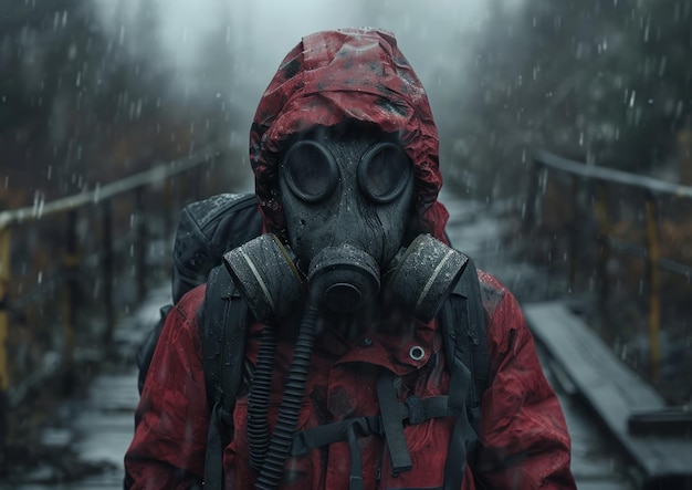 A man in red suit with a gas mask A man stands boldly wearing a gas mask and a red jacket creating a vivid contrast in appearance