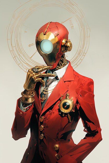 человек в красном костюме с золотым шлемом на голове