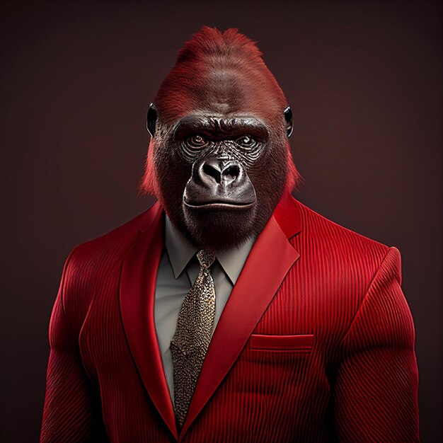 A man in a red suit with a gorilla head