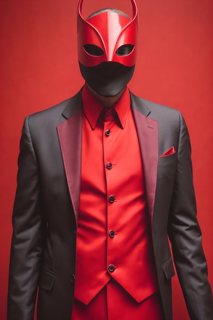 A man in a red suit with a mask on his face