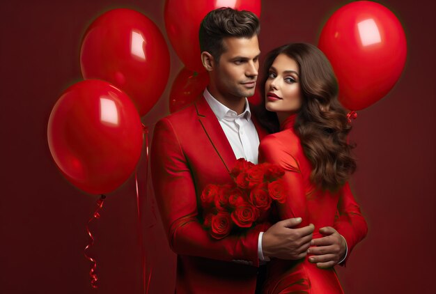 Photo a man in a red suit and woman in a red dress holding flowers and balloons in the style of romantic