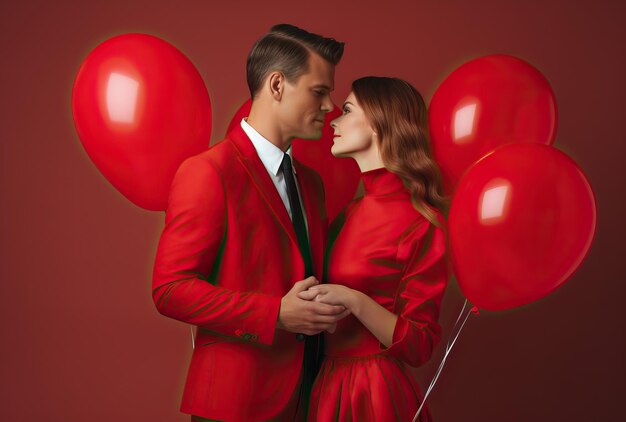 Photo a man in a red suit and woman in a red dress holding flowers and balloons in the style of romantic