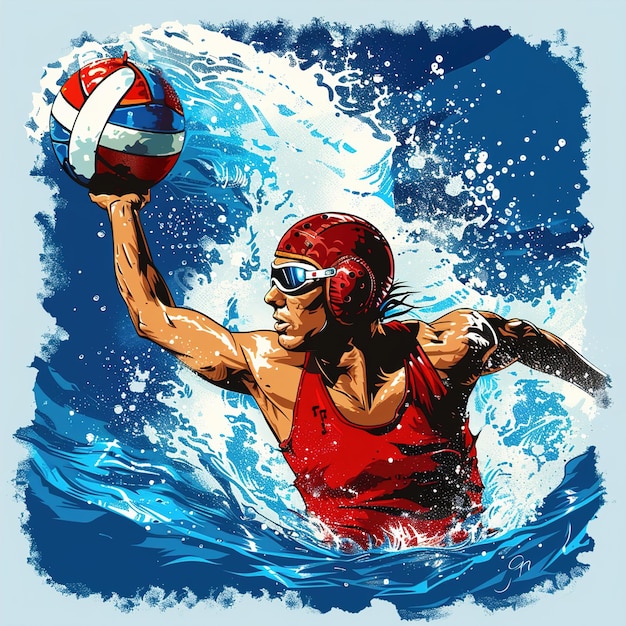 a man in a red swimsuit is playing volleyball in the water