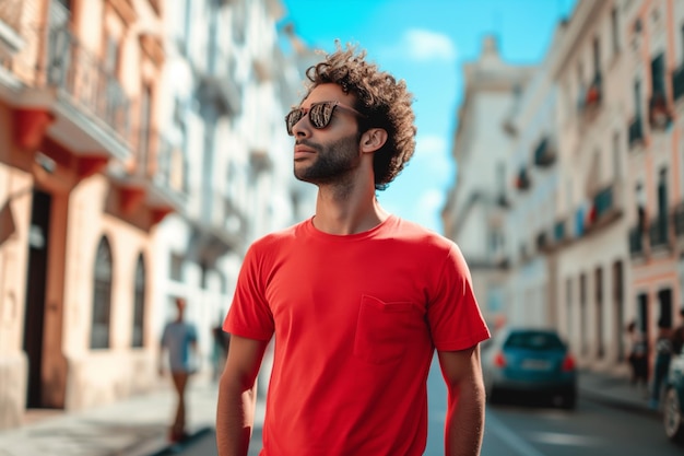 赤いTシャツを着た男が街でモックアップ