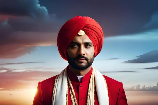 A man in a red turban stands in front of a cloudy sky.