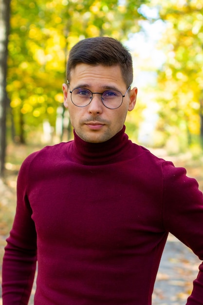 Man in red turtleneck in the forest, Man in red turtleneck