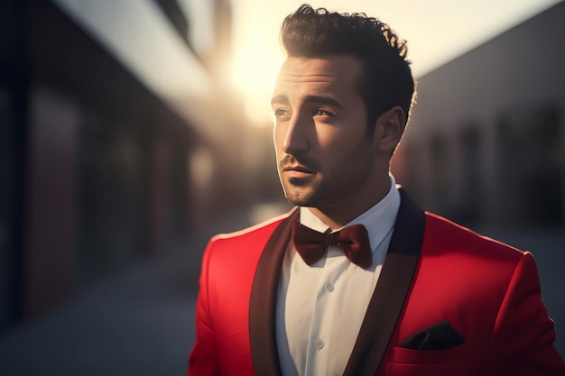 Man red tuxedo at morning shot Stylish serious person with smiling face Generate Ai