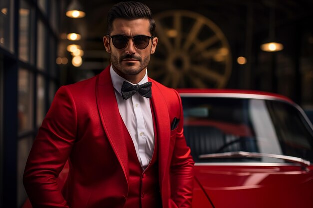 Photo man in a red tuxedo stands in front of a red sports car