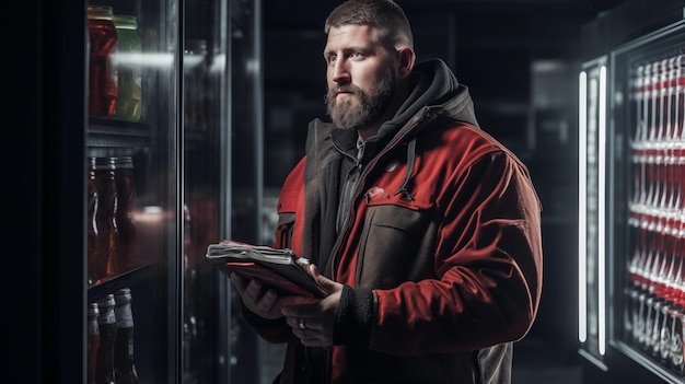 A man in a red uniform works in a food warehouse Copy space Horizontal format
