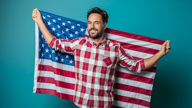 a man in a red and white plaid shirt holds up a flag