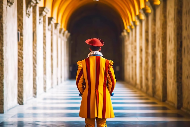 Man in red and yellow striped coat and red hat walks down hallway Generative AI