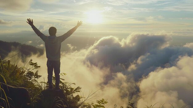 Foto man reiziger op de top van de berg geniet van het uitzicht op de natuur met handen omhoog over wolken s generatieve ai