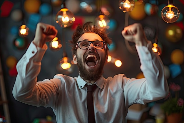 Foto un uomo che si rallegra di pensieri di successo la delizia di un'idea brillante