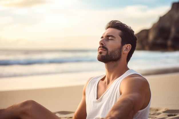 Man in relaxation pose on sandy beach