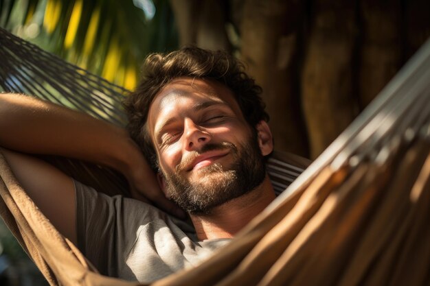 Foto un uomo si rilassa in un'amaca sorridendo felicemente e assaporando l'esperienza serena all'aperto un uomo rilassato si riposa sdraiato in un'ammaca generata dall'ia