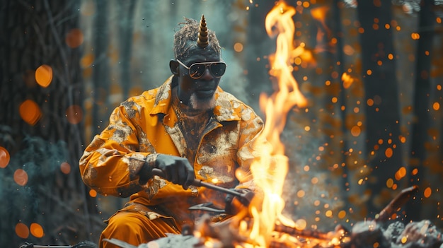 Foto un uomo che si rilassa accanto al fuoco nella foresta