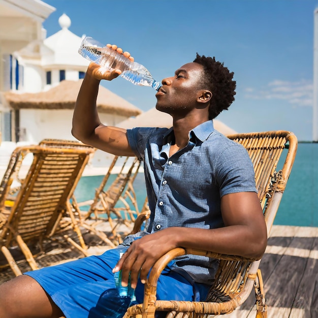 Foto un uomo che si rilassa su una sedia e beve un'acqua