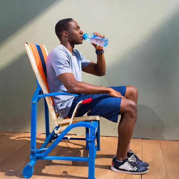 Foto un uomo che si rilassa su una sedia e beve acqua