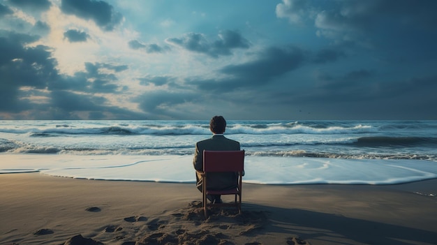 A man relaxing in the chair looking beautiful sky on the beach sea at sunset ai generated